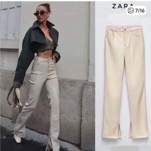 ZARA Leather Cream Straight Leg Flare Pants with side split slit hem